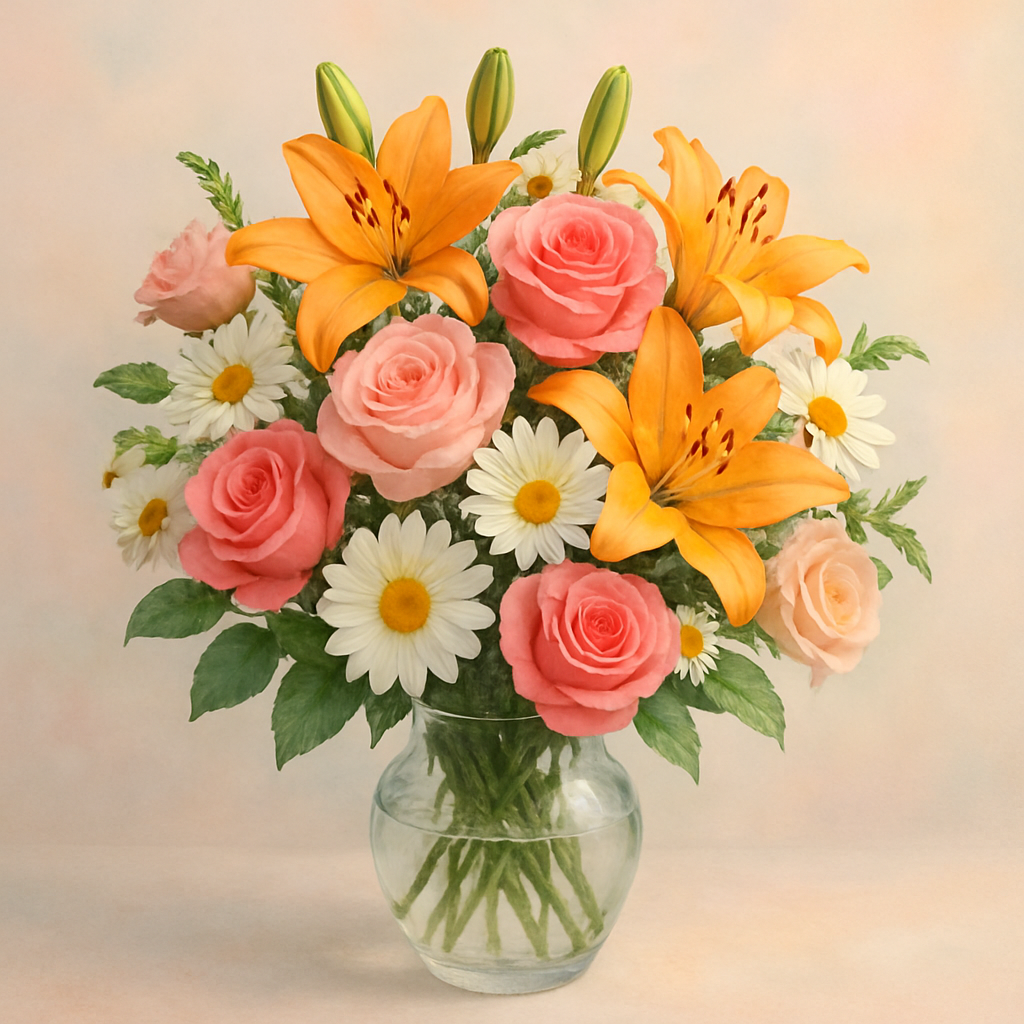 A beautiful bouquet of mixed flowers in a vase